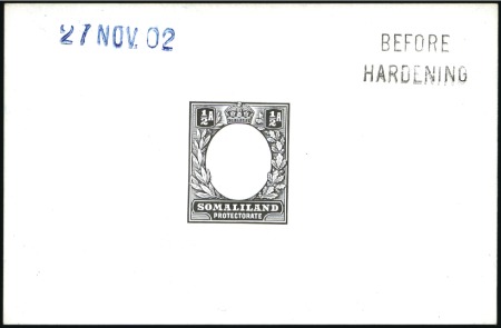 Stamp of Somaliland Protectorate 1904 1/2a frame die proof in black on glazed card