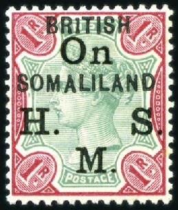 Stamp of Somaliland Protectorate OFFICIALS: 1903 1r green and carmine, variety "BR1