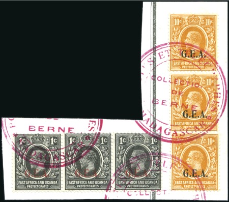 Stamp of Tanganyika 1922 Seriffed overprint 1c and 10c in strips of th