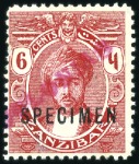 Stamp of Zanzibar 1914-22 1c, 3c and 6c each overprinted  "Specimen"