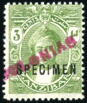 Stamp of Zanzibar 1914-22 1c, 3c and 6c each overprinted  "Specimen"