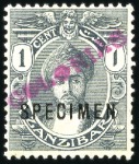 Stamp of Zanzibar 1914-22 1c, 3c and 6c each overprinted  "Specimen"