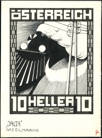 Stamp of Austria » 1st. Republic 1921 Unadopted pen & ink drawing by Karl Huck, sho