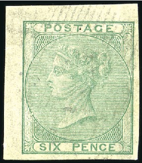 Stamp of Great Britain » 1855-1900 Surface Printed 1855 6d Plate proof in green on thin card with tri