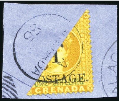 Stamp of Grenada 1886 1d on 1s Orange bisect tied to small piece by