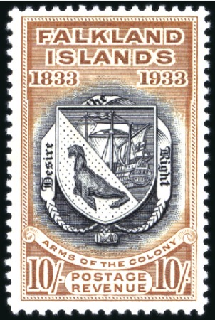 Stamp of Falkland Islands 1933 Centenary 10s black & chestnut, mint, very fi