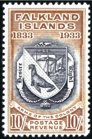 Stamp of Falkland Islands 1933 Centenary 10s black & chestnut, mint, very fi