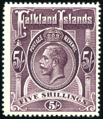 Stamp of Falkland Islands 1912-20 5s deep rose-red, 5s maroon & 1921-28 3s s