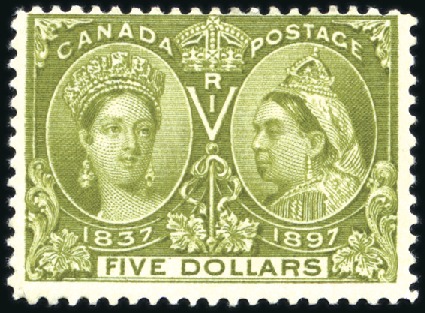 Stamp of Canada 1897 Jubilee $5 olive-green mint with hr, very fin