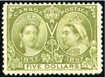 Stamp of Canada 1897 Jubilee $5 olive-green mint slight hinge thin