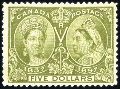 Stamp of Canada 1897 Jubilee $5 olive-green mint slight thin, very