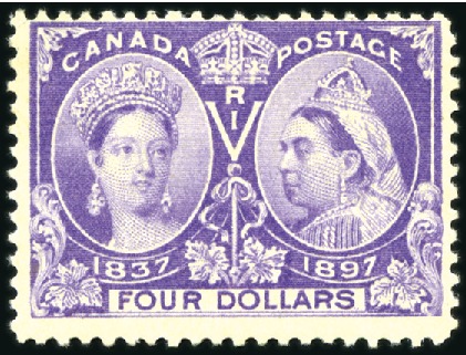 Stamp of Canada 1897 Jubilee $4 violet mint, slight gum loss, very