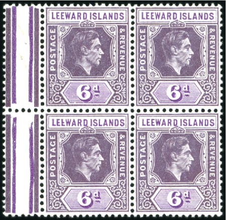Stamp of Leeward Islands 1942 6d in marginal block of 4 with 3rd stamp show