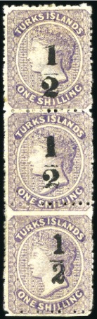 Stamp of Turks and Caicos Islands 1881 1s Violet in vertical strip of 3 surcharged 1