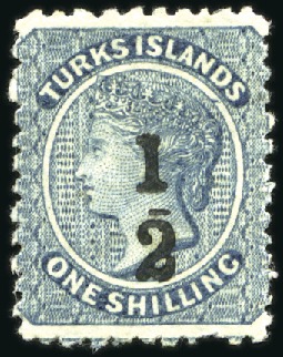 Stamp of Turks and Caicos Islands 1881 1/2d on 1s pale blue type 5 surcharge (short