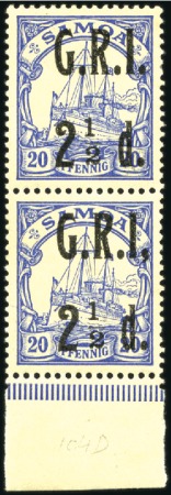 Stamp of Samoa 1914 2 1/2d on 20pf blue in vertical bottom margin