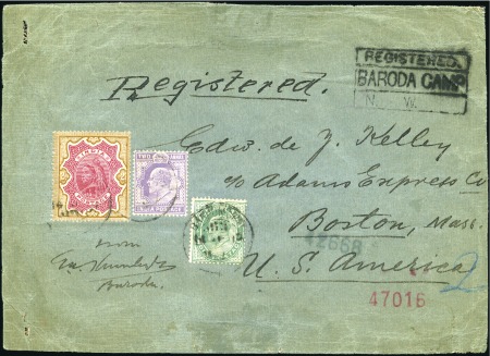 Stamp of India 1905 Large registered envelope from Baroda Camp to