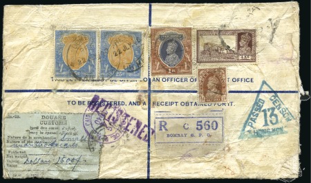 Stamp of India 1940 4a registered envelope Bombay via Hong Kong &