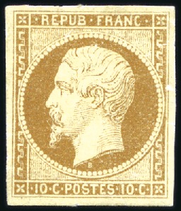 Stamp of France 1852 10c Présidence, neuf, réparé mais très bel as