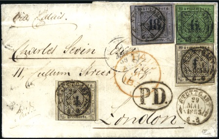 Stamp of German States » Wurttemberg 1855 Three-colour franking to London with 18k +6k 