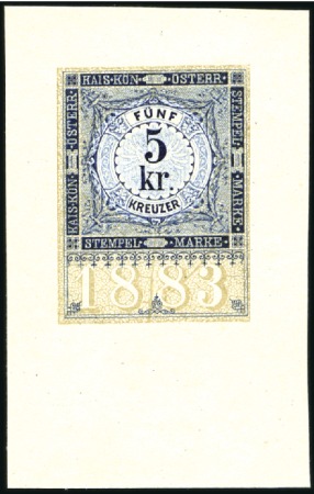 Stamp of Austria 1883 Single die proof print 5kr dark blue & light 