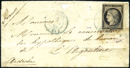 Stamp of France 1849 Cérès 20c noir, bien margé, obl. rare càd BLE