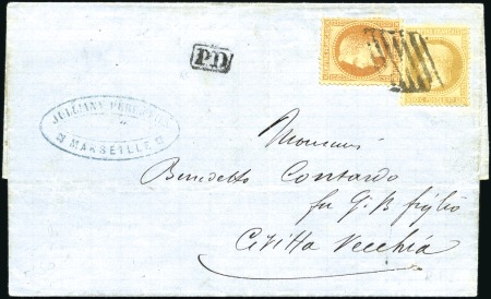 Stamp of France 10c +40c Lauré obl. grille de Civita Vecchia sur l