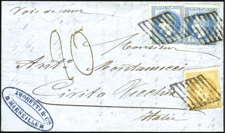 Stamp of France 10c +20c (x2) Lauré obl. grille de Civita Vecchia 