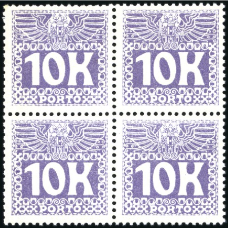 Stamp of Austria 1911 5kr and 10kr in mint blocks of 4, one value o