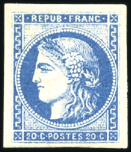 Stamp of France 1870 20c Bordeaux type II, report 2, grandes marge