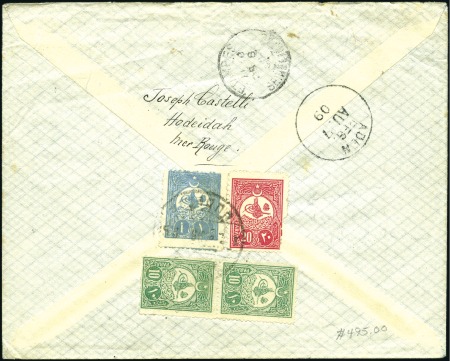 Stamp of Yemen » Turkish Post Offices 1908 Envelope via Aden to France, franked on rever