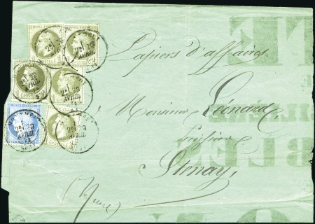 Stamp of France 1873 Afft mixte 1c Lauré (x5) +25c Cérès sur bande