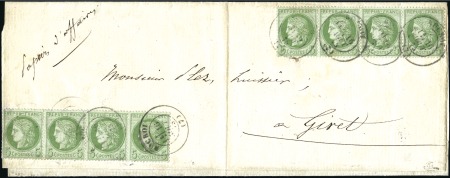 Stamp of France 1875 5c Cérès, deux bandes de 4, sur bande de Papi