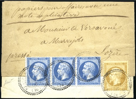 Stamp of France 1862 Empire dent. 10c +20c en bande de 3 obl. càd 