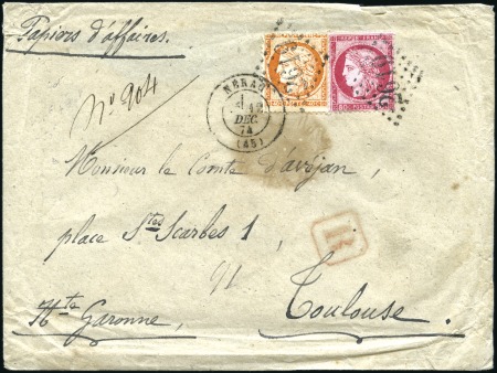 Stamp of France 1874 Rare recommandé OPR avec 40c Siège +80c Cérès