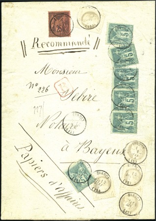 Stamp of France 1879 Rare recommandé OPR avec 4c Cérès (x5) +5c Sa