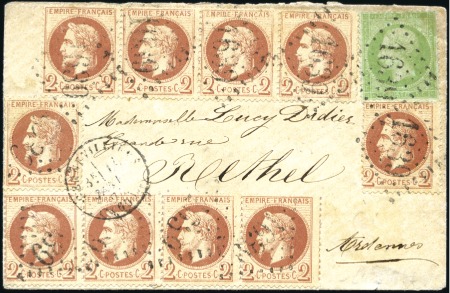 Stamp of France 1874 2c Lauré x10 (deux bande de 4 +2 isolés) en m