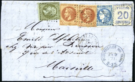 Stamp of France 1872 Double afft avec 1c Empire dent. +2c Lauré (x