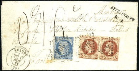 Stamp of France 1871 2c Lauré en paire(déf.) +20c Siège obl. GC 39