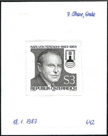 Stamp of Austria » 2nd. Republic 1983 Karl von Terzaghi 3s single die proofs in bla