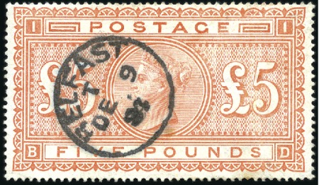 Stamp of Great Britain » 1855-1900 Surface Printed 1867-83 Anchor £5 orange, used with clear BELFAST/