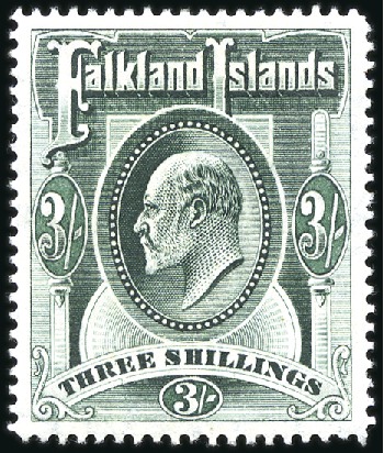 Stamp of Falkland Islands 1904-12 MCA 3s green, mint single showing INVERTED