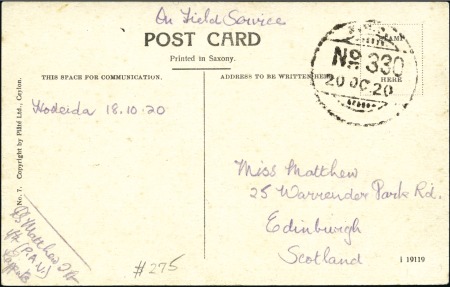 Stamp of Yemen » Kingdom (1926-48) 1920 Field Post card from Hodeida to Scotland, bea