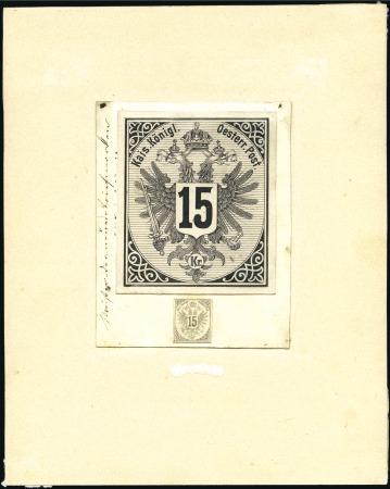Stamp of Austria » 1883 Issue 15kr UNISSUED value original ink drawing of final 