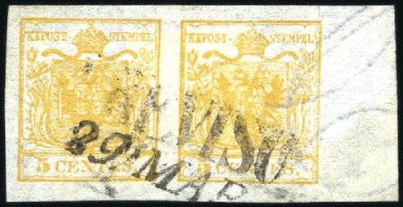 Stamp of Italian States » Lombardy Venetia 1850 5c orange, hand made wove paper, used, right 