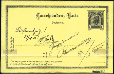 Stamp of Austria 1905 2kr black on yellow, proof of reply card sign