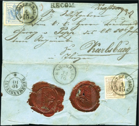 Stamp of Romania » Austrian Levant Post Offices CRAIOVA 1850 9Kr (MP, IIIb) and 6Kr (MP, III) on r