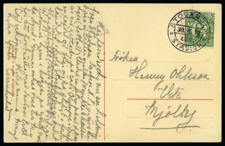 Stamp of Olympics » 1912 Stockholm 2nd DAY: 1912 (Jun 30) "STOCKHOLM / LBR. / STADION" special cancel tying 5ö to picture postcard of the stadium