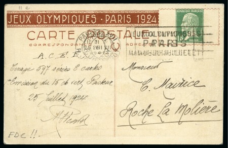 Stamp of Olympics » 1924 Paris » Postcards Blanche FIRST DAY OF ISSUE illustrated postal stationery card depicting Wrestling cancelled by 1924 (Jul 25) Olympic slogan machine cancel