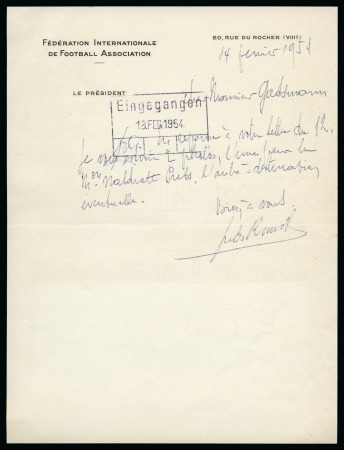 Stamp of Thematics » Sport and Games » Football FIFA: Collection written up on 27 pages incl. items signed by FIFA Presidents Jules Rimet, Stanley Rous and Sepp Blatter